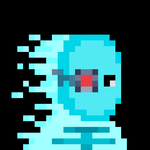 A pixel art character with a glowing cyan body and red eye appears to be dissolving or transforming into pixelated particles, symbolizing a meme-style representation of explosive growth or a "moonshot" in a crypto presale/mint event.