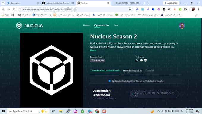 A screenshot of the Nucleus platform website displaying 'Nucleus Season 2' with an intelligence layer connecting reputation, capital, and opportunity in Web3, showing a campaign ending in 420 hours 35 minutes.