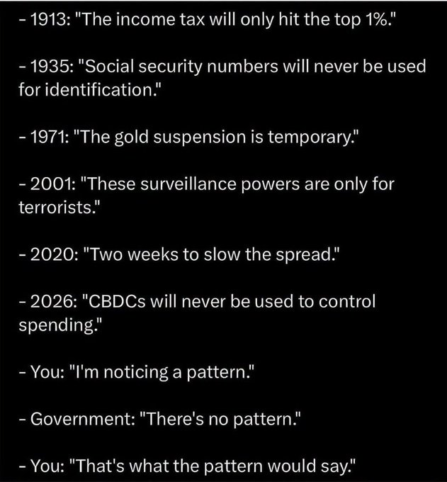The image presents a list of historical government assurances—from the 1913 income tax to a projected 2026 CBDC statement—each of which was eventually contradicted by reality, followed by a humorous exchange where recognizing this pattern is itself dismissed as "no pattern." The post "Pattern recognizers know what's next..." ties directly to the meme's final punchline, implying that future government promises about CBDCs will follow the same cycle of expansion beyond stated limits.