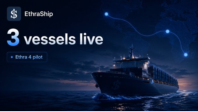 An advertisement for "EthraShip" shows a large cargo ship at sea with the text "3 vessels live" and a note indicating "Ethra 4 pilot," overlaid on a world map with a shipping route connecting glowing ports.