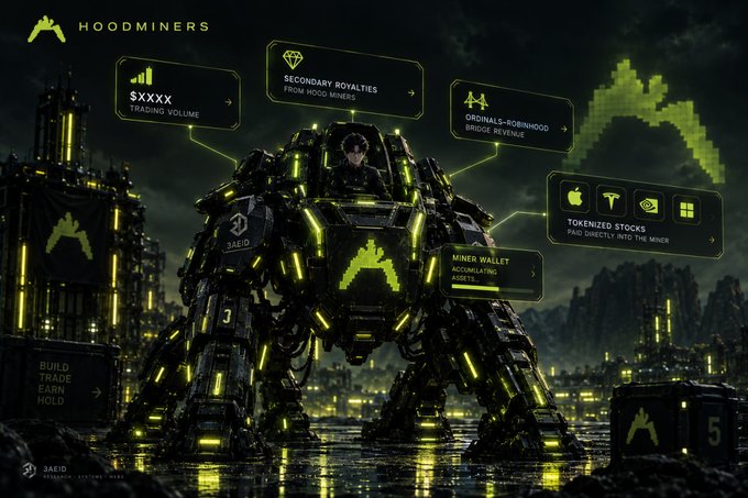 Promotional graphic for 'HOODMINERS' featuring a large mech robot, highlighting features like trading volume, secondary royalties, broker revenue, tokenized stocks, and a miner wallet.