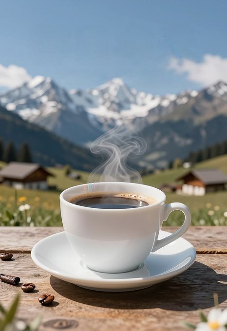 A steaming white cup of black coffee sits on a saucer atop a rustic wooden surface, with a stunning backdrop of snow-capped mountains, green fields, and traditional alpine cabins.