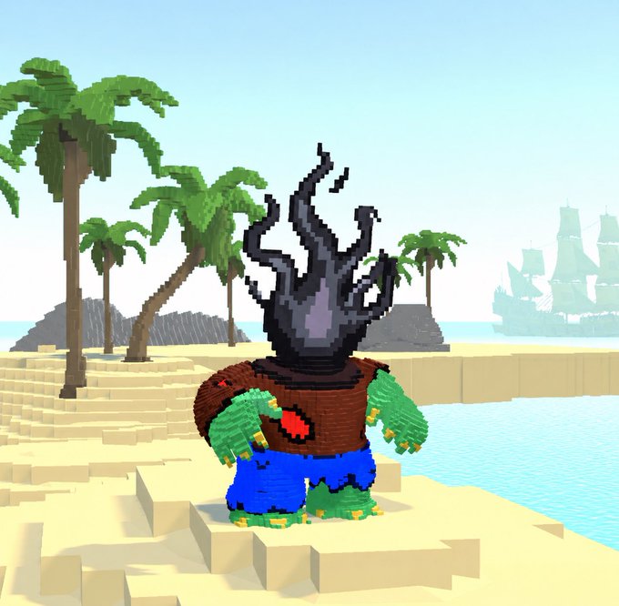 A voxel-style Kraken character with smoky black tentacles for a head stands on a tropical Minecraft beach, wearing a brown vest and blue shorts. The image ties into the "Gm" (Good morning) post through its quaint, blocky aesthetic, evoking the playful world of sandbox building games.