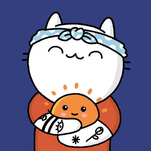 A cute cartoon white cat character wearing a polka-dot headband hugs an orange sushi roll, set against a dark blue background.