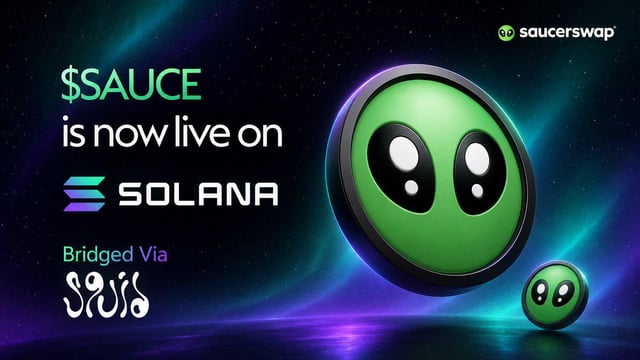 The image features a green alien face with two eyes, giving it a friendly appearance. It is positioned above a text box that reads "Sauce is now live on Solana", indicating that the content of the image is related to a product or service offered by Solana. The background of the image is dark blue and purple, creating an immersive atmosphere for the post.