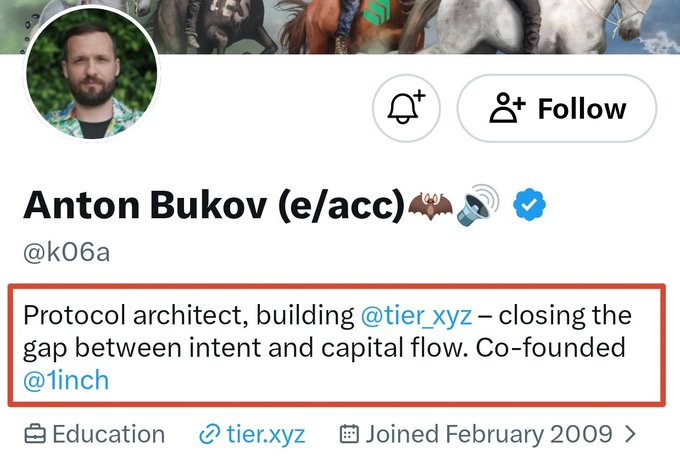 A Twitter/X profile page for Anton Bukov (@k06a), a protocol architect and co-founder of @1inch, with his bio highlighted in red stating "Protocol architect, building @tier_xyz – closing the gap between intent and capital flow. Co-founded @1inch." The image illustrates the post's announcement of Bukov's new project Tier.xyz and confirms his 1inch co-founder credentials mentioned in the accompanying text.