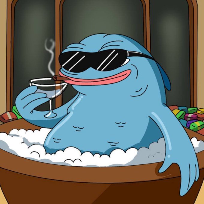 A cartoon illustration of a blue creature wearing sunglasses, smoking a cigarette while holding a martini glass, relaxing in a bubble bath.