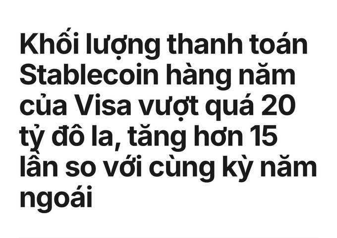 Vietnamese text reading 'Khối lượng thanh toán Stablecoin hàng năm của Visa vượt quá 20 tỷ đô la, tăng hơn 15 lần so với cùng kỳ năm ngoái' translating to Visa's annual stablecoin settlement volume exceeding $20 billion, growing more than 15 times year-over-year.