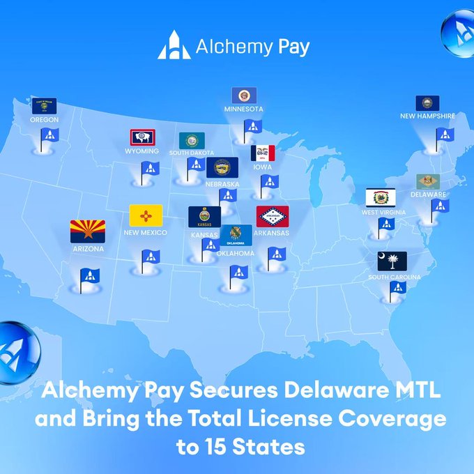 An Alchemy Pay promotional graphic showing a US map with license coverage across 15 states, including the text 'Alchemy Pay Secures Delaware MTL and Bring the Total License Coverage to 15 States'.