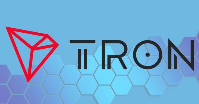 The image features the "TRON" logo and branding, consisting of a red stylized triangular icon next to the bold black "TRON" wordmark, all set against a blue hexagonal background. The visual directly corresponds to the post discussing the growth of TRON's stablecoin supply, particularly the dominance of USDT on the TRON network.
