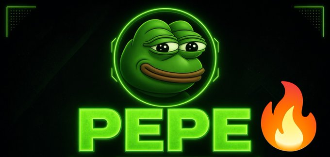 Neon green digital illustration of the Pepe the Frog meme character inside a glowing circular frame with the word 'PEPE' below, accompanied by a fire emoji on the right.