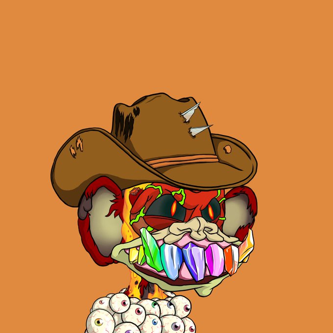 A digital illustration features a grotesque cartoon character with a brown cowboy hat pierced by nails, glowing orange eyes, and a mouth full of colorful crystalline teeth, set against an orange background.