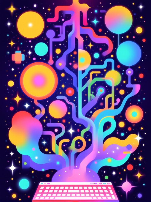 A vibrant, psychedelic digital illustration featuring colorful swirling tubes, glowing orbs, and stars emerging from a stylized computer keyboard against a cosmic background.