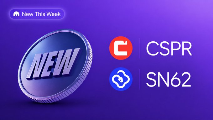 A promotional graphic with a purple gradient background features a metallic "NEW" coin and announces two new Kraken listings: CSPR (Casper Network) and SN62 (Ridges AI), matching the week's new token additions.