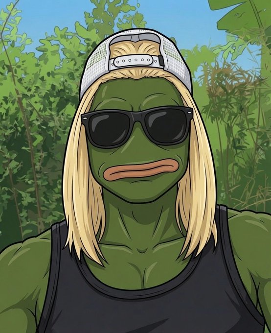 An illustrated cartoon character depicting a muscular green fish-like humanoid with blonde hair, a backwards cap, and sunglasses, set against a tropical background.