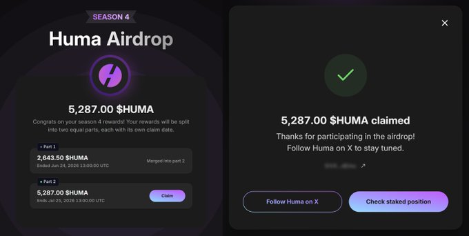 The image shows a two-panel interface for the Huma Airdrop Season 4, displaying a reward of 5,287.00 $HUMA split into Part 1 (2,643.50 $HUMA, merged into part 2) and Part 2 (5,287.00 $HUMA with a "Claim" button), alongside a confirmation screen showing "5,287.00 $HUMA claimed" with options to "Follow Huma on X" and "Check staked position." This visually confirms the post's claim of successfully claiming and staking 5,287 $HUMA from Huma Season 4, supporting the user's bullish stance on Huma Finance's PayFi ecosystem.