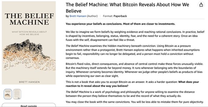 An Amazon-style listing for the paperback book 'THE BELIEF MACHINE: WHAT BITCOIN REVEALS ABOUT HOW WE BELIEVE' by Brett Hansen.