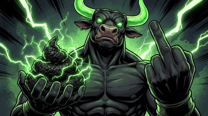 A comic-style illustration of a muscular anthropomorphic bull with glowing green eyes and horns, holding a dark, crusted mass crackling with green energy while raising its middle finger.