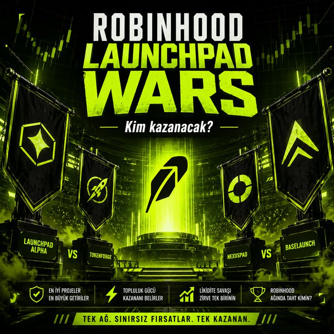 A promotional graphic titled 'ROBINHOOD LAUNCHPAD WARS' featuring green and black design with various launchpad logos and Turkish text including 'Kim kazanacak?' (Who will win?).