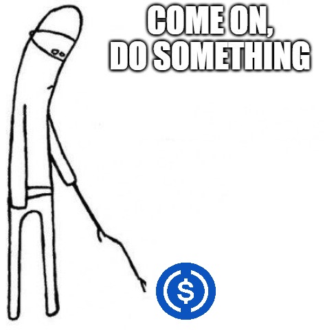 The image shows a simple stick-figure character holding a leash attached to a blue coin icon (with a dollar sign), accompanied by the text "COME ON, DO SOMETHING." This visual humorously illustrates the post's message about stablecoins being inactive and needing a catalyst—Gamma's one-click agent on Solana—to get them moving and generating risk-adjusted yield instead of just sitting stationary.