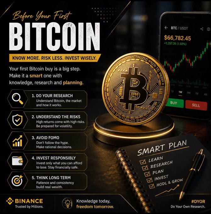 A Binance Bitcoin investment advisory poster titled 'Before Your First BITCOIN' offering tips like 'Do Your Research' and 'Avoid FOMO', featuring a Bitcoin graphic and BTC/USDT price chart.
