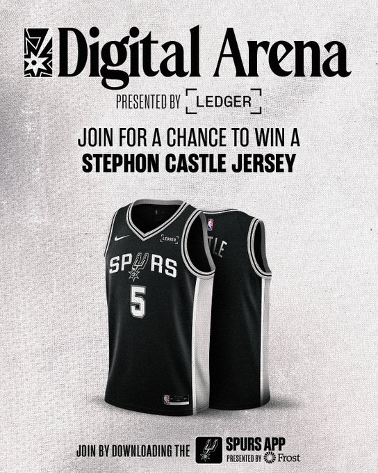 The image features two black and white basketball jerseys, one of which has the number 5 on it. The text "Digital Arena" is written above the jerseys, indicating that this is a promotional event for the digital arena. Below the jerseys, there's a link to an app called "Spurs App", suggesting that users can download the app to join and participate in the contest.