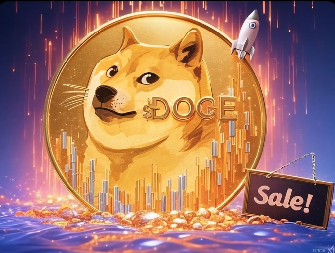 The image features a large, circular gold coin with a cartoon depiction of a dog's face on it. Below the coin, there is a sign that reads "Sale!". The background of the image is blue with white stars scattered throughout, creating an otherworldly atmosphere.