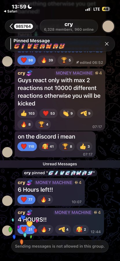 A Telegram group chat screenshot for 'cry' showing pinned giveaway messages from a 'MONEY MACHINE' user limiting reactions to 2 per user, with countdown updates of 6 hours and 4 hours remaining.
