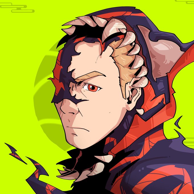 A digital illustration of a horned demon or armored character with red eyes and a fierce expression against a bright green background.