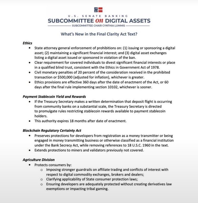 A document from the U.S. Senate Banking Subcommittee on Digital Assets titled 'What's New in the Final Clarity Act Text?' detailing ethics, payment stablecoin, blockchain regulatory, and agriculture division provisions.