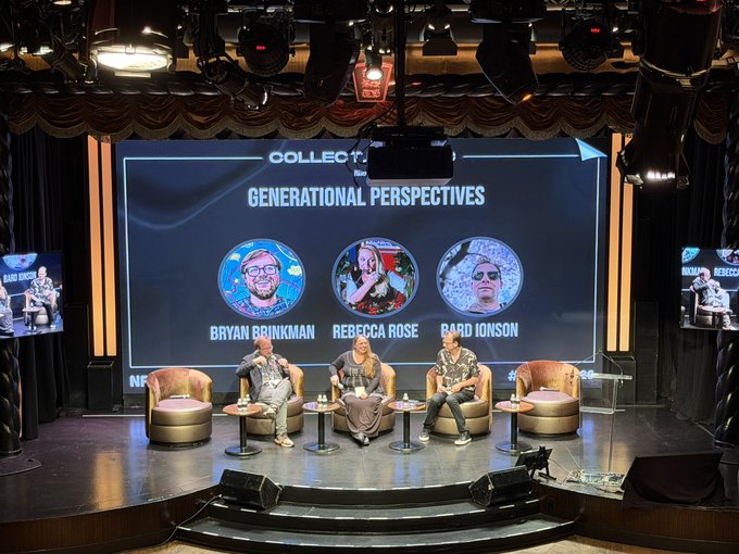 A panel discussion titled 'GENERATIONAL PERSPECTIVES' featuring Bryan Brinkman, Rebecca Rose, and Bard Ionson seated on stage at what appears to be a NFT conference.