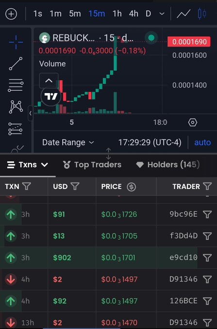 A trading interface displaying a 15-minute candlestick chart for token "REBUCK" at 0.0001690, along with a transaction history showing buys and sells ranging from $2 to $902.
