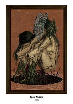 An artwork titled "From Nature" (2026) depicts two figures merged with roots and a butterfly, emphasizing a biological connection to the earth. The piece is a 1/1 digital painting available for 0.265 ETH on Manifold.