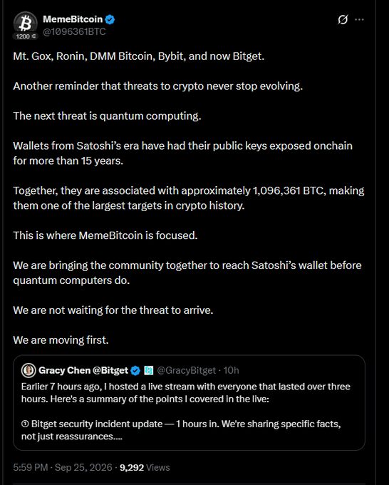 A screenshot of a tweet from @MemeBitcoin discussing crypto security threats like Mt. Gox, Ronin, DMM Bitcoin, Bybit, and Bitget, mentioning quantum computing and Satoshi's wallets holding approximately 1,096,361 BTC, with a quote-tweet from Gracy Chen @Bitget dated Sep 25, 2026.