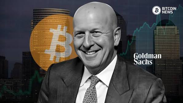 A smiling man in a suit is pictured alongside a large Bitcoin logo, a Goldman Sachs logo, and an upward-trending chart, visually representing Goldman Sachs' acquisition of NEOS Investments and its Bitcoin High Income ETF (BTCI) with $1.1B in assets.