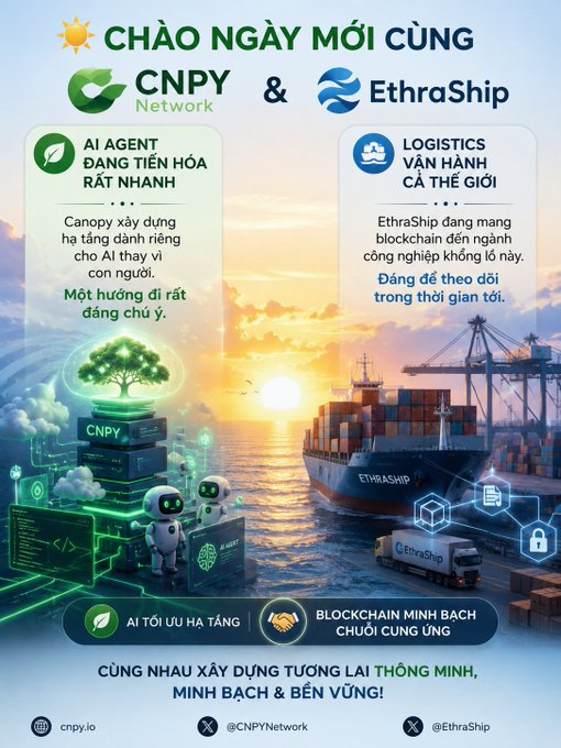 A vibrant promotional graphic in Vietnamese titled "Chào ngày mới cùng CNPY Network & EthraShip" showcases two blockchain companies—Canopy Network (highlighting AI agent infrastructure with a green tech tree and robot imagery) and EthraShip (emphasizing global logistics with a cargo ship and blockchain network visuals). The bottom banner reinforces the collaboration's mission: "Cùng nhau xây dựng tương lai thông minh, minh bạch & bền vững" (Building a smart, transparent, and sustainable future together), featuring social handles @CNPYNetwork, @EthraShip, and cnpy.io.