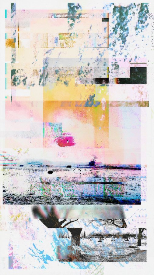 An abstract, glitch-art style collage featuring layered translucent rectangles in pastel pinks, yellows, and blues, overlaid on photographs of a snowy field with a single tree and distorted sky.