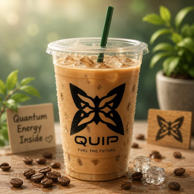 A product shot of an iced coffee in a clear plastic cup with a green straw, branded 'QUIP - FUEL THE FUTURE.' with a butterfly logo, accompanied by a 'Quantum Energy Inside' note and scattered coffee beans.