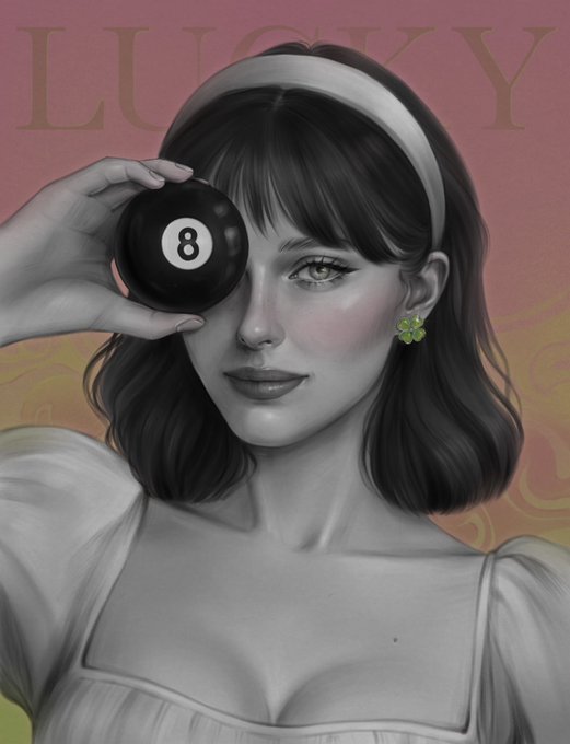 A stylized illustration of a woman with a bob haircut and headband, holding an 8-ball over one eye, with the word 'LUCKY' faintly visible in the pink background.