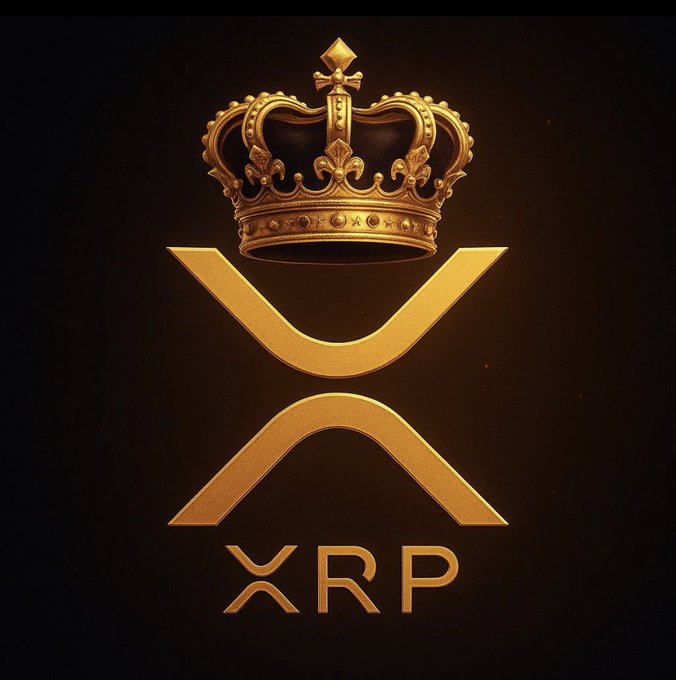 A golden crown sits atop the XRP cryptocurrency logo against a dark background, symbolizing royal or premium status for the digital asset.