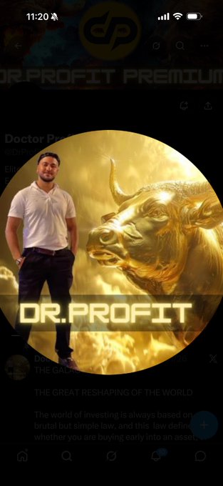 The image shows Dr. Profit's premium social media profile featuring him standing confidently beside a large golden bull symbol, with the bold "DR.PROFIT" branding overlaid. The accompanying post playfully contrasts his flashy, bull-themed profile picture with his actual intelligence, referencing his @DrProfitCrypto handle.