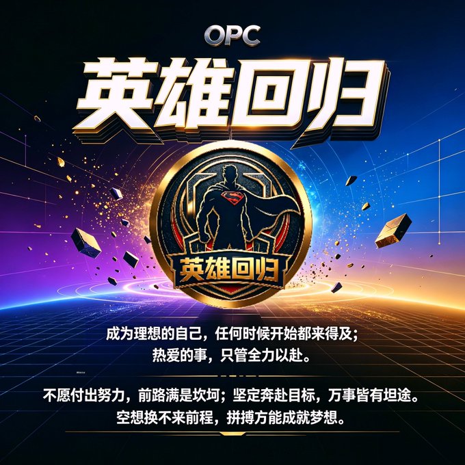 A promotional graphic with 'OPC' at the top and large Chinese characters '英雄回归' (Hero's Return), featuring a Superman emblem in the center with a silhouetted figure and Chinese text at the bottom about becoming one's ideal self.