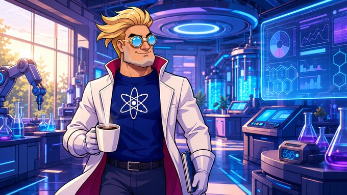 A blonde, bespectacled scientist in a lab coat and atom-symbol shirt stands confidently in a high-tech lab holding a coffee mug and notebook, surrounded by glowing beakers, futuristic machinery, and holographic data screens. The image's confident "brewing" energy complements the post's playful greeting to fellow scientists, suggesting exciting experiments are underway.