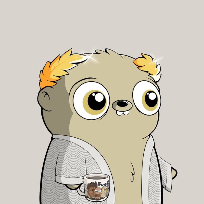 A cartoon illustration of a wide-eyed, grayish creature with orange leaf-like ears, wearing a patterned robe and holding a mug labeled 'Fug' featuring a small bear character.