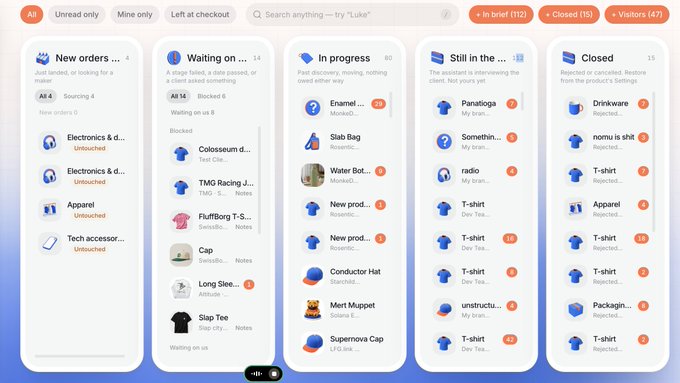 A screenshot of a Kanban-style project management dashboard (likely Trello) showing columns for 'New orders,' 'Waiting on,' 'In progress,' 'Still in the,' and 'Closed,' filled with task cards for customer orders including electronics, apparel, and hats.