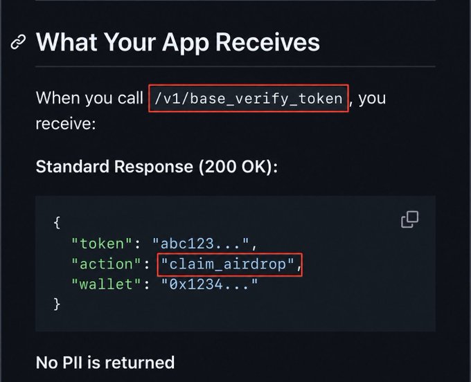 A technical documentation page titled 'What Your App Receives' showing a JSON response example from a '/v1/base_verify_token' endpoint with highlighted 'claim_airdrop' action.