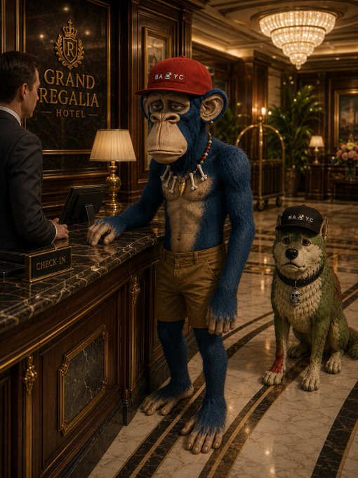 A blue chimpanzee wearing a red 'BABYC' cap, gold shorts, and a bone necklace checking into a hotel called 'Grand Regalia Hotel' alongside a dog also wearing a matching 'BABYC' cap.