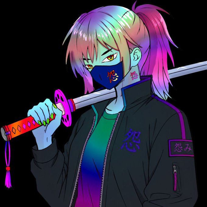 An anime-style illustration of a character with rainbow-colored hair, yellow eyes, a blue face mask with Japanese characters, and a jacket bearing the characters '怨み', holding a katana.