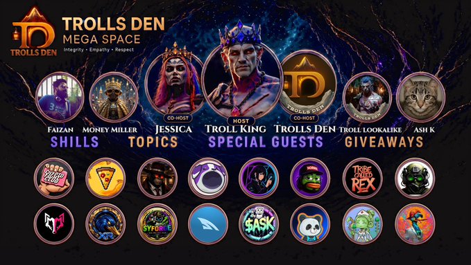 A promotional graphic for 'TROLLS DEN MEGA SPACE' featuring avatars of hosts Jessica, Troll King, and special guests like Faizan, Money Miller, Trolls Den, Troll Lookalike, and Ash K, along with various token logos below.