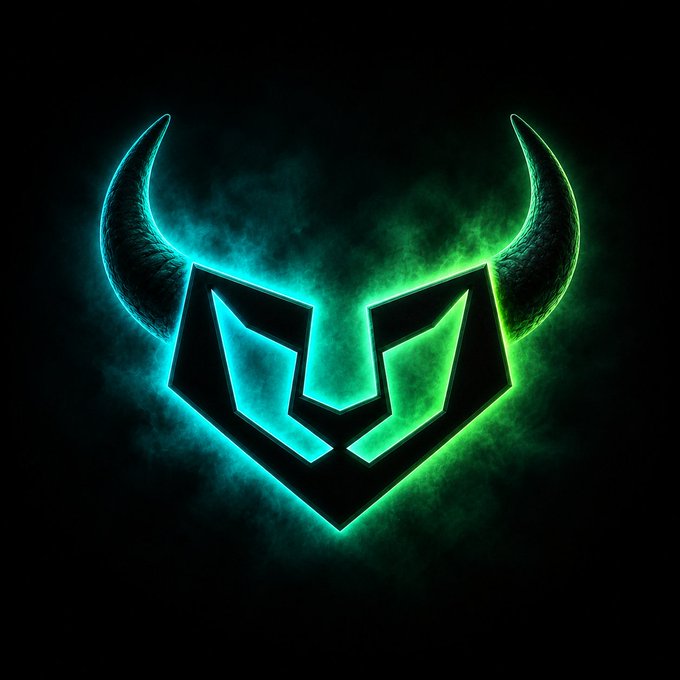 A glowing neon green and cyan logo featuring horns and a geometric mask design against a dark, smoky background.